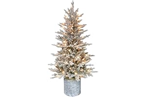 Puleo International 4.5ft Pre-Lit Potted Flocked Arctic Fir Christmas Tree with 70 Clear Lights, 419 Realistic Dense Snow Flocked Branch Tips, Easy Setup Artificial Trees with Sturdy Stand