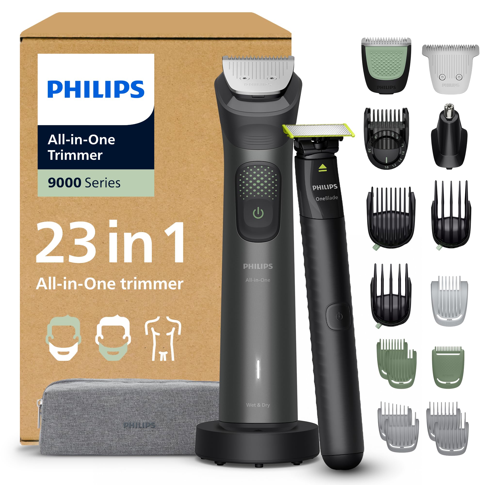 Philips Multigroom série 9000 Tondeuse tout-en-un 23 accessoires + rasoir OneBlade pour hommes – ensemble tondeuse/rasoir pour barbe, cheveux et corps, 27 hauteurs de coupe (0,2-20 mm), MG9561/30