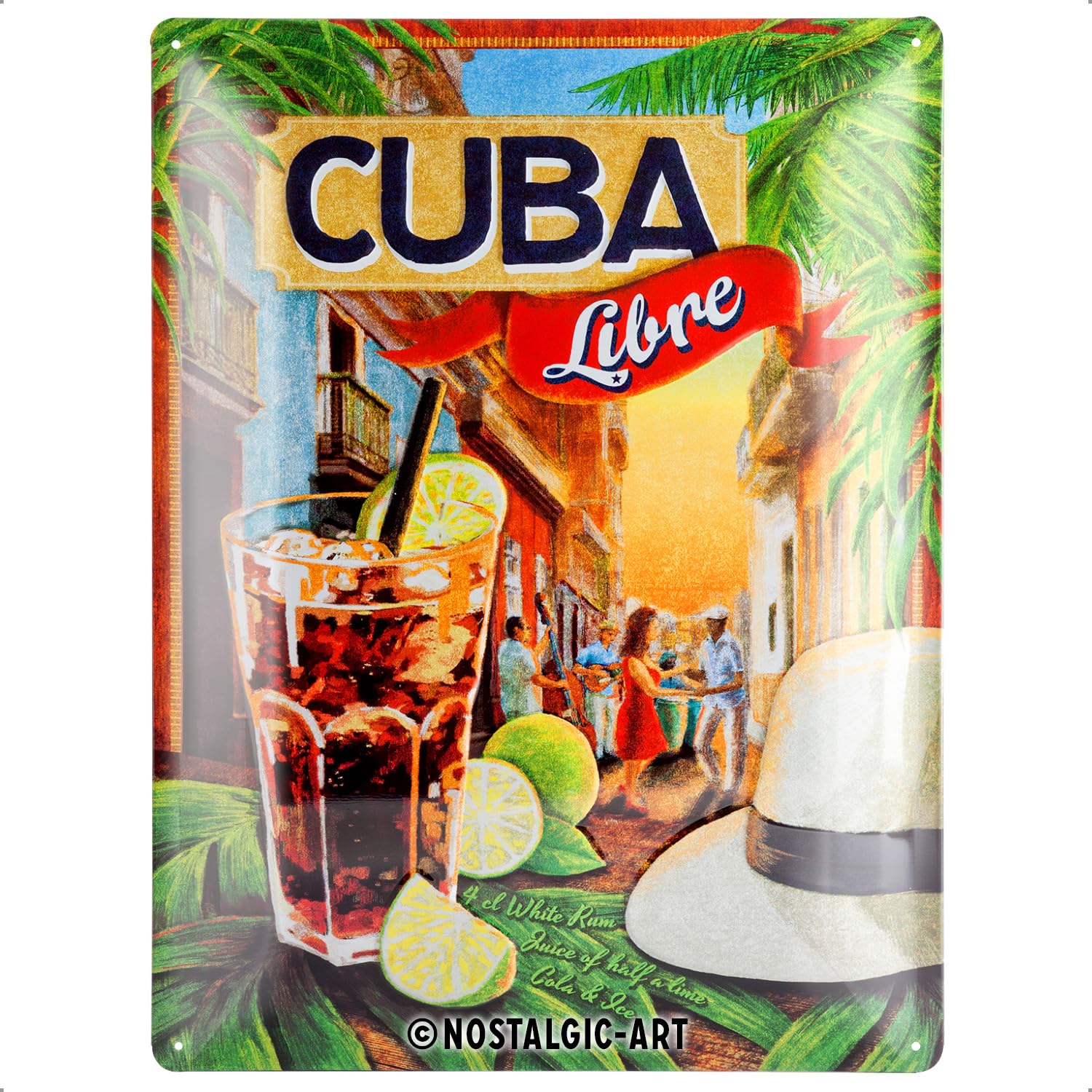 Nostalgic-Art Retro Tin Sign – Open Bar – Cuba Libre – Gift idea for cocktail fans, Metal Plaque, Vintage design for wall decoration, 30 x 40 cm