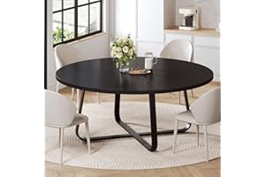 LVB Black Round Dining Table for 6 to 8, 60” Modern Wood Metal Kitchen Table, Industrial Large Dinner Room Table, Circle Dining Table for Home Gathering Living Room