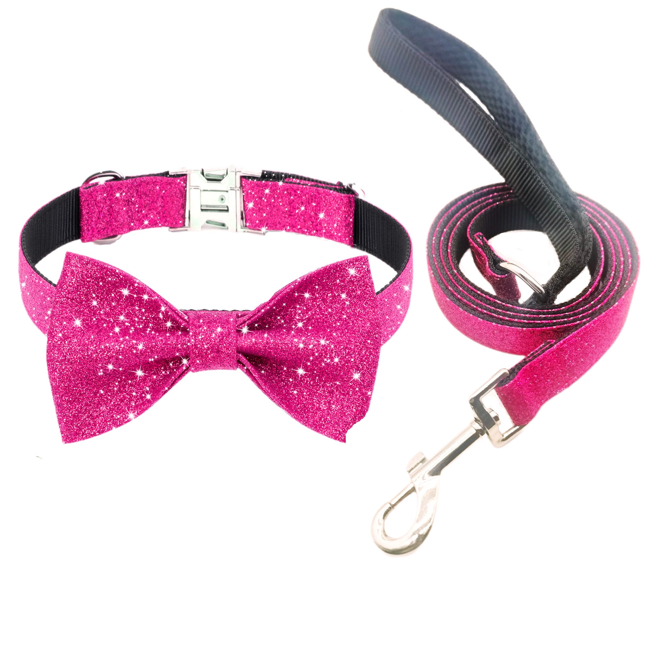 Jumpress Bling Bow Tie Dog Collar and Leash Set, Cute Pink Girl Dog Collar with 5ft Leash for Small Medium Dogs Daily Walking or Holiday Party (Hot Pink, Neck fit 13-19'')