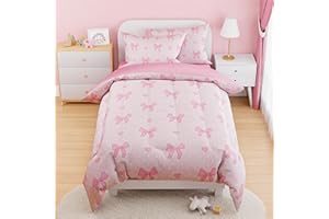 SANDJEST Bow Comforter Set Twin Size 68x86in for Kids Girls, Microfiber 3 Pcs Bedding Set Includes 1 Comforter, 1 Pillowcase, 1 Fitted Sheet, Nursery Room Decor