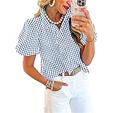 Disamer Womens Puffy Sleeves Tops Button Down Shirt Ruffle Shirt Short Striped Work Tops Trendy Babydoll Stand Collar Blouse