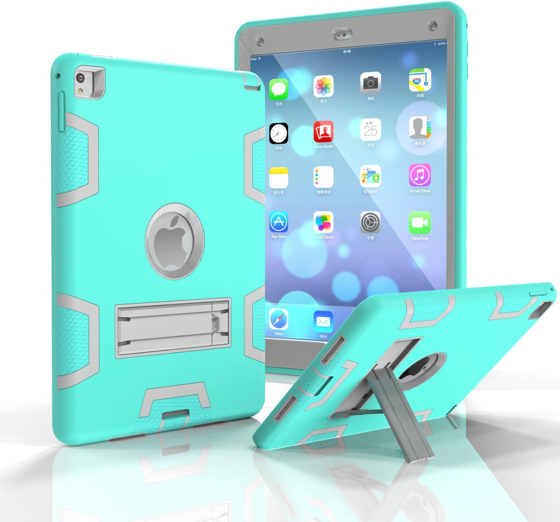 iPad Air2 Case, Dinpei Heavy Duty Rugged Shock-Absorption / High Impact Resistance, Three Layer Armor Defender Full Body Protective Case with Kickstand for iPad Air 2 - Green/Grey