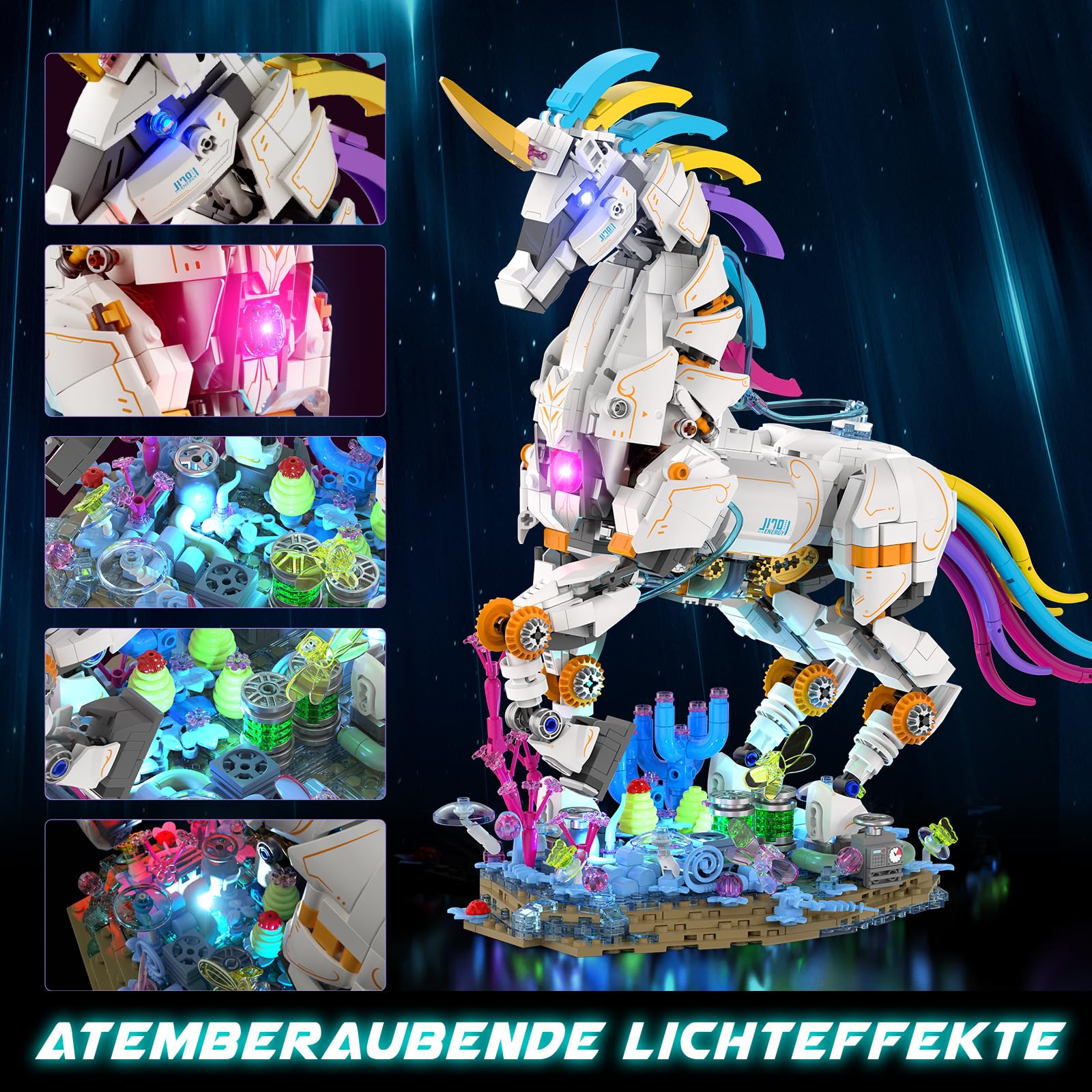 JMBricklayer Regenbogen Einhorn-Bausätze für Erwachsene mit Lichtern 70008, Myth Art Creator Animals Display-Ideen Klemmbausteine, Heimdekor, Geburtstagsgeschenke für Kinder ab 14 Jahren (1492 Teile) 3