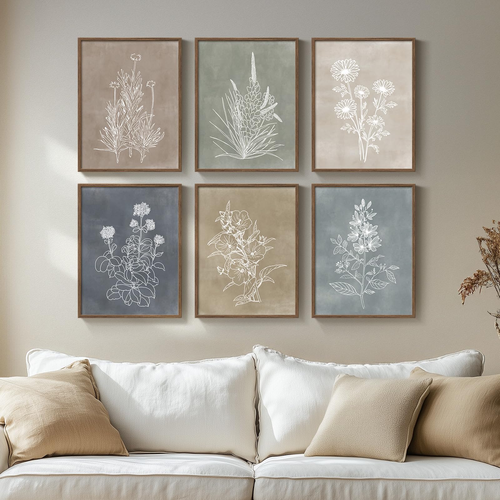 Photo 1 of Framed Boho Botanical Wall Art for Living Room, Set of 6 Rustic Floral Canvas Painting Prints, Vintage Minimalist Neutral Flower Artwork for Modern Farmhouse Bedroom Kitchen Hallway Wall Decor, 11x14