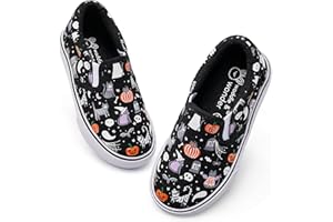 waddle wonder Toddler Halloween Slip-On Loafers for Boys&Girls, Black Canvas with Ghosts & Pumpkins Shoes School Walking Tennis Sneaker Sizes 6-10