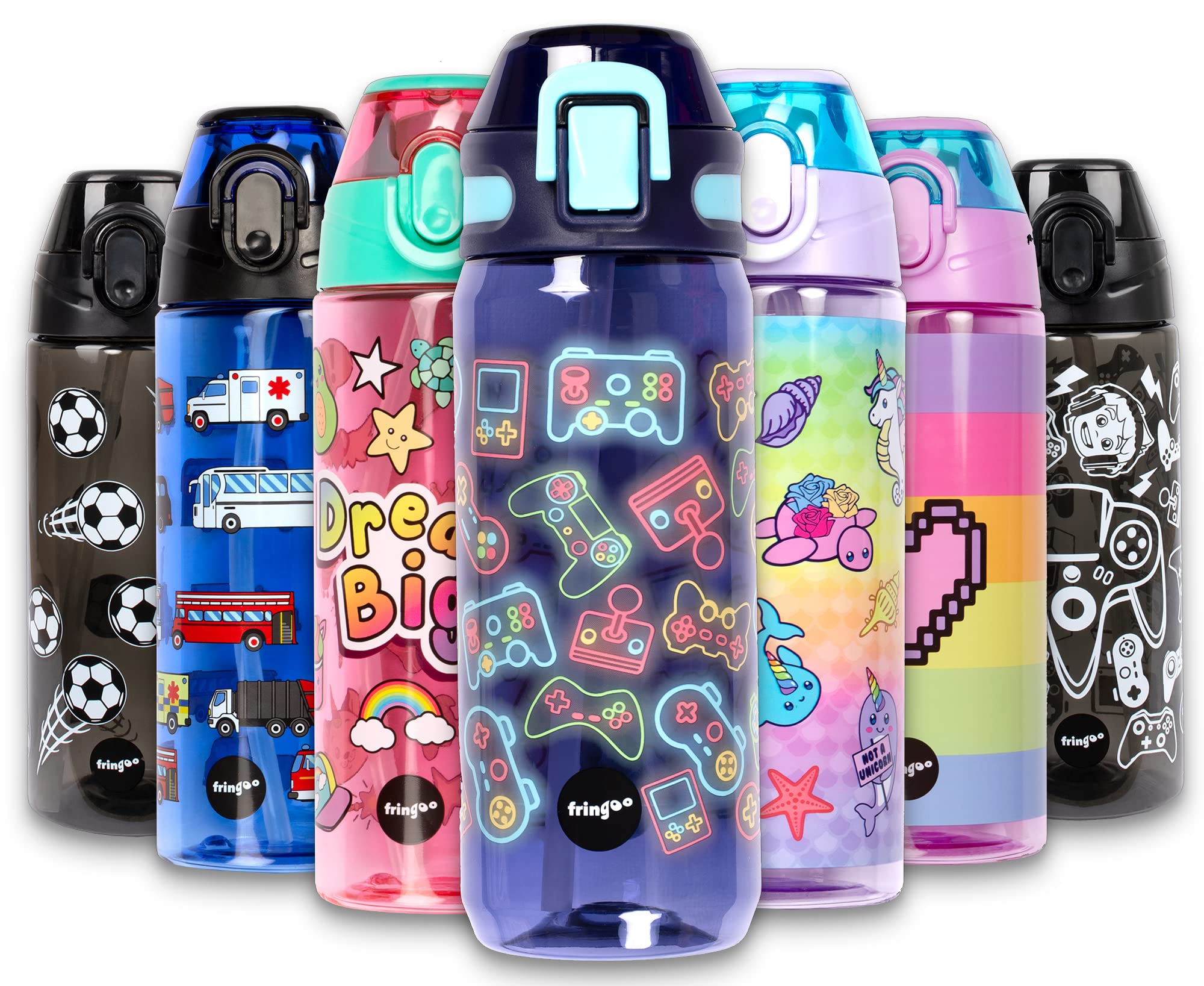 Fringoo - 600ml Kids Water Bottle with Straw & Fliptop Lock - 100% Leakproof - BPA Free 600ml Kids Water Bottle for School - Neon Gamers