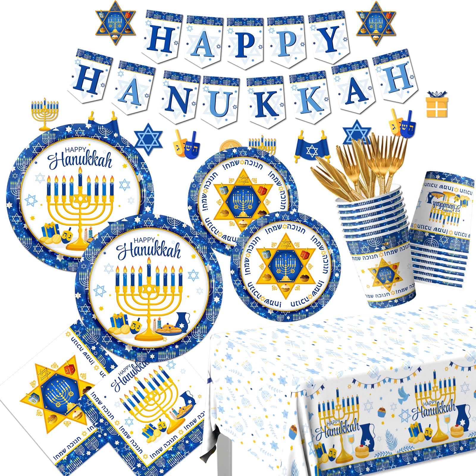Photo 1 of 142pcs Chanukah Decor Tableware - Hanukkah Paper Plates, Napkins, Menorah Cups & Tablecloth for Jewish Party Supplies
