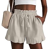 Huukeay Women's Casual Linen Shorts High Waist Drawstring Lettuce Trim Summer Lightweight Flowy Shorts with Pockets