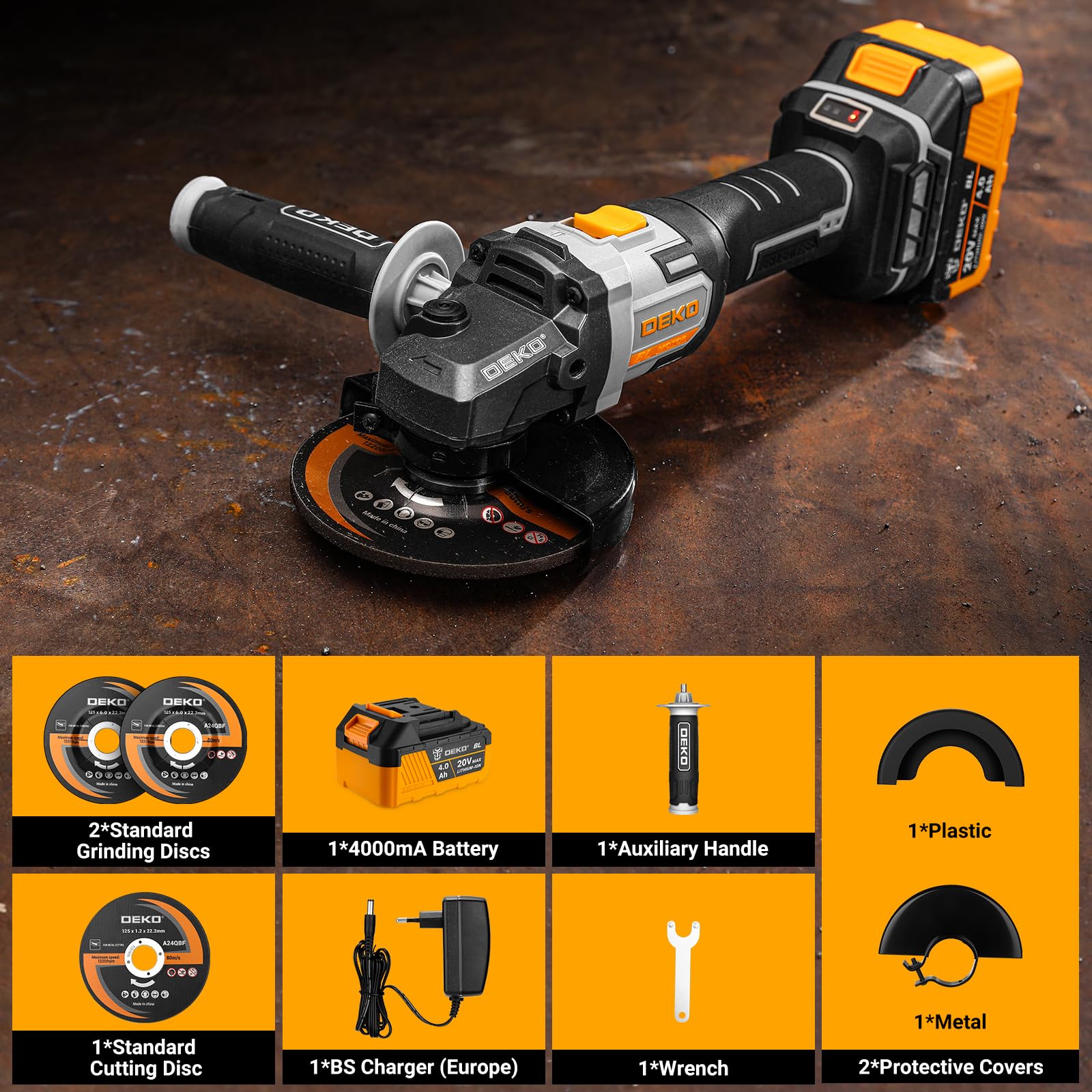 Akku-Winkelschleifer 20V Ø 125mm: DEKOPRO Schleifer mit 4.0Ah Akku, bürstenloser Motor, 8500RPM – inkl. 2 Schleif-, 1 Trennscheiben, 2 Schutzhauben, Akku & Ladegerät für Trennen Schleifen Polieren 7