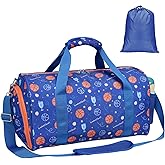Bagseri Boys Duffle Bag for Travel - Kids Gym & Sports Bag with Shoe Compartment & Water Resistant Wet Pocket, Weekender for Camping & Sleepover (Blue Basketball)