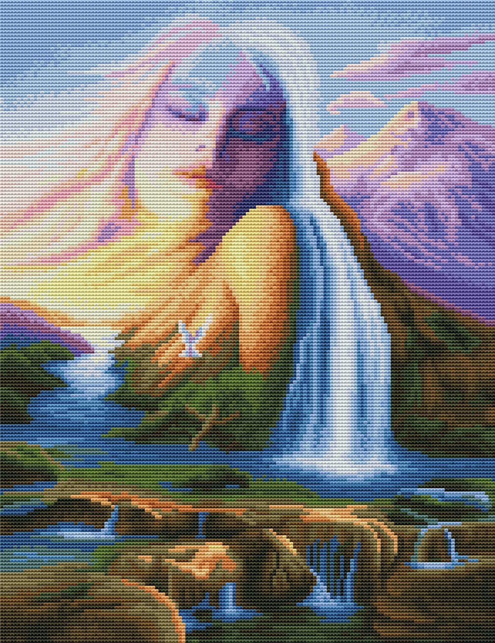 Abillyn Embroidery Cross Stitch Kits Woman Mountain Waterfall River Cloud Landscape Stamped with Printed Pattern Starter Kit (Landscape)
