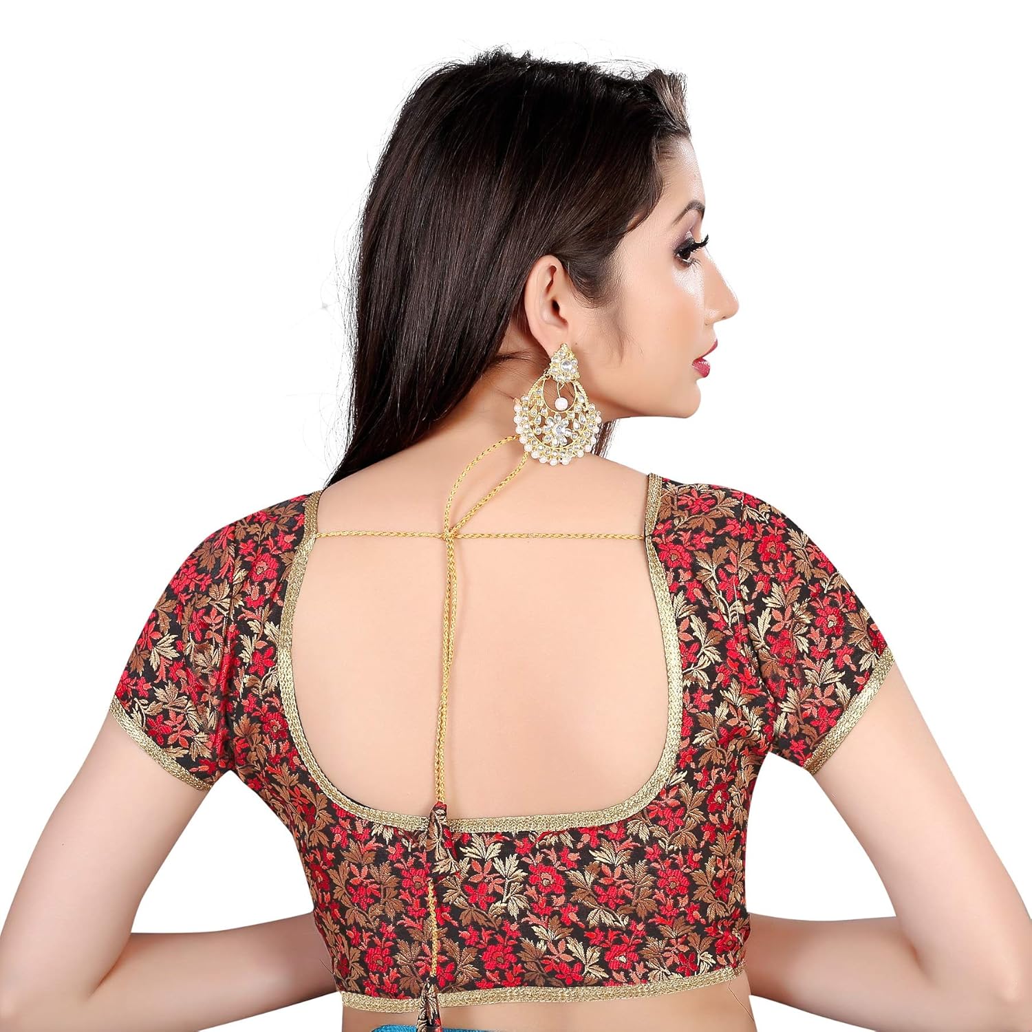 spangel fashion black red flower round neck women's ready made saree's blouse