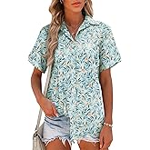 Hotouch Linen Button Down Shirt Women Roll-Up Cuffed Short Sleeve Blouses V Neck Collared Shirts Summer Beach Cotton Tops
