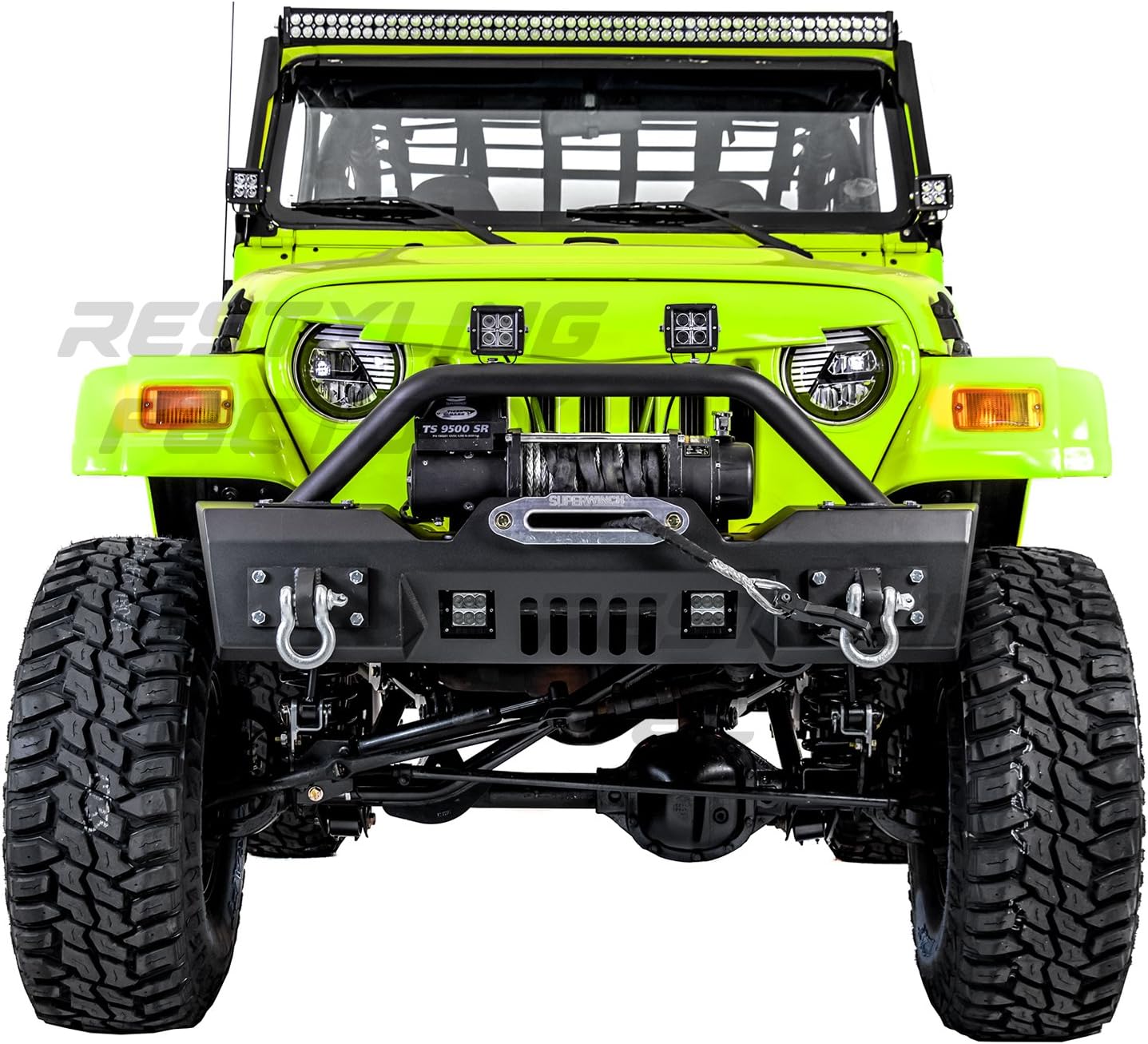 Restyling Factory 97-06 Wrangler TJ Rock Crawler Black Textured Front Bumper with Winch Mount Plate, Built in 2x Square LED Light Mount and 2x D-rings (Black)