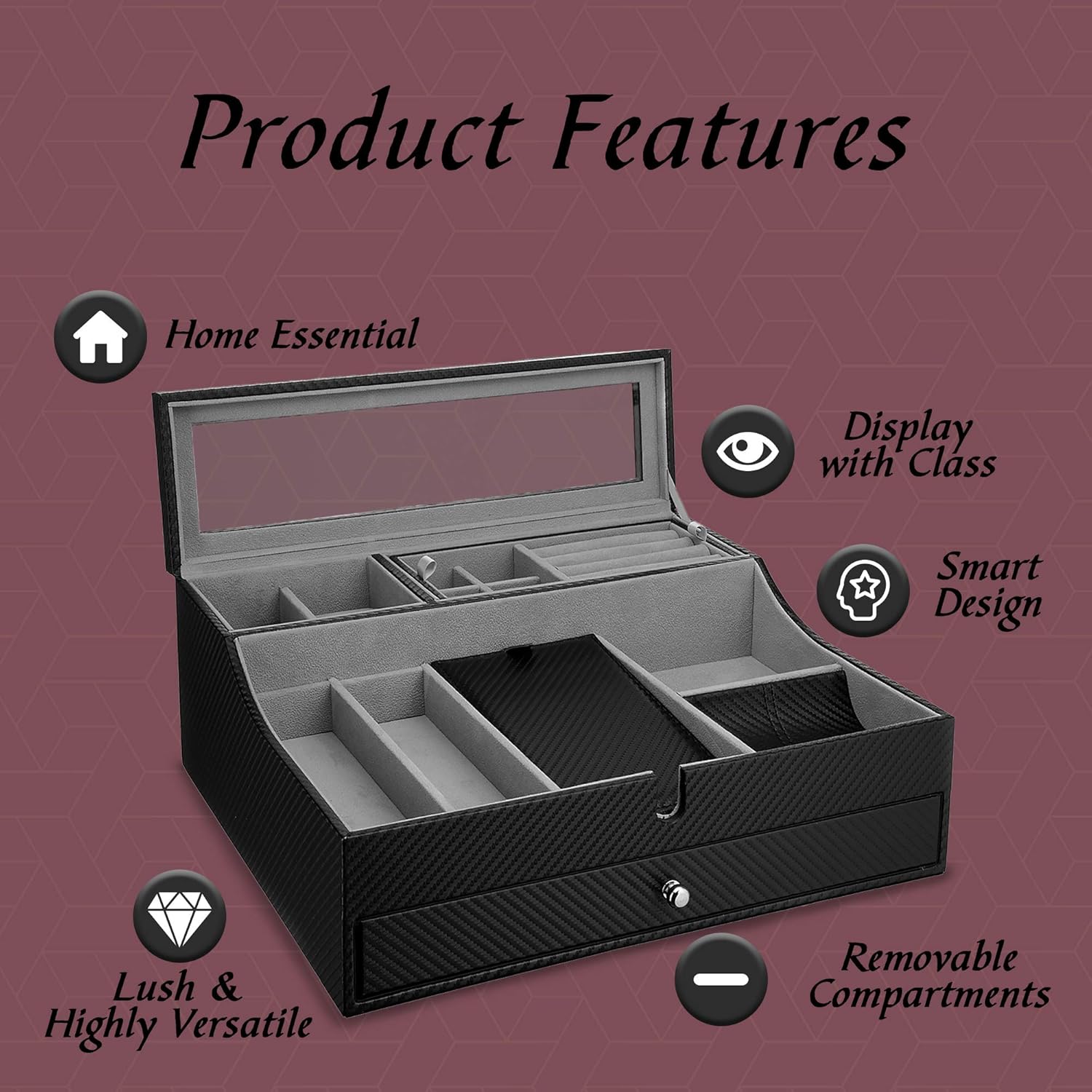 Valet Tray for Men| Sleek Dresser-Organizer Box for Storage & Display| Perfect for Phone, Watches, Sunglasses, Jewelry, Wallet, Rings, Necklace & More| Carbon Fiber & Faux Leather: Home Improvement