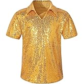 Spring&Gege Boys' Short Sleeve Sparkle Sequins Polo Shirts V-Neck Shiny T-Shirt (4-12 Years)