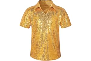 Spring&Gege Boys' Short Sleeve Sparkle Sequins Polo Shirts V-Neck Shiny T-Shirt (4-12 Years)