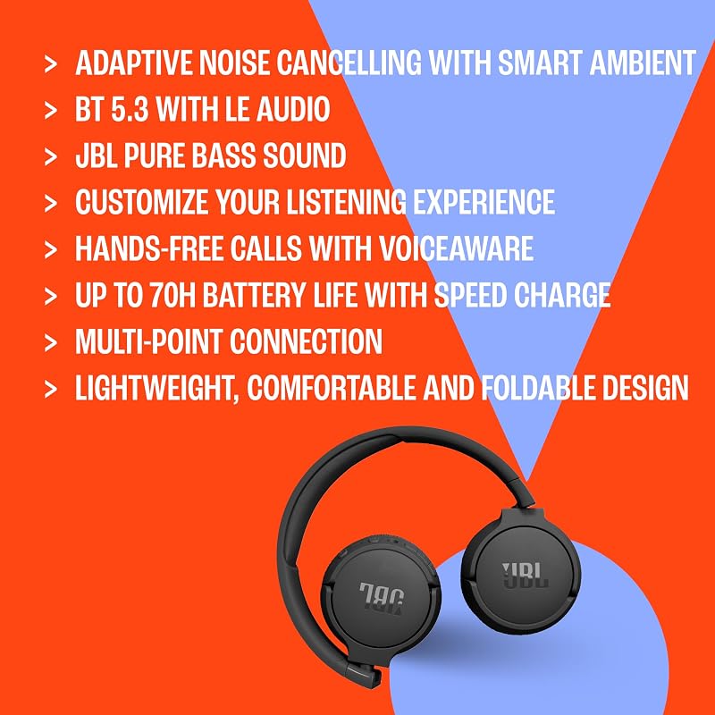 Fones de ouvido jbl tune 670nc, fones de ouvido leves sem fio com cancelamento de ruído adaptável, bluetooth e 70 horas de bateria, preto