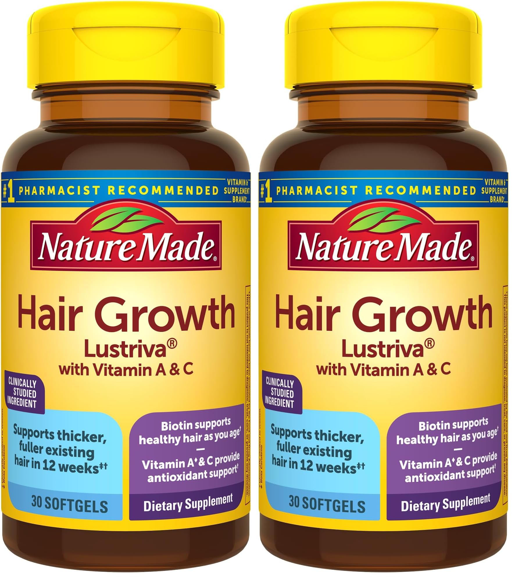 Nature Made Hair-Growth Softgels, Clinically Studied Lustriva + Biotin, Vitamin C & A, Hairs Growth Vitamins – Support Healthy Hair as You Age, 30 Softgels, 30 Day Supply, (Pack of 2)