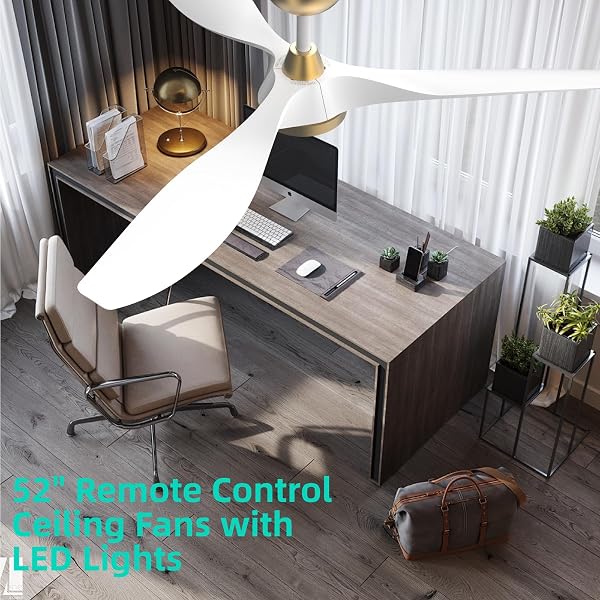 ROOMRATV CEILING FANS WITH LIGHTS,LARGE AIRFLOW 52INCH MODERN CEILING FAN WITH QUITE REVERSIBLE DC MOTOR 3 COLOR TEMPERATURE LED LIGHT (WHITE GOLD)
