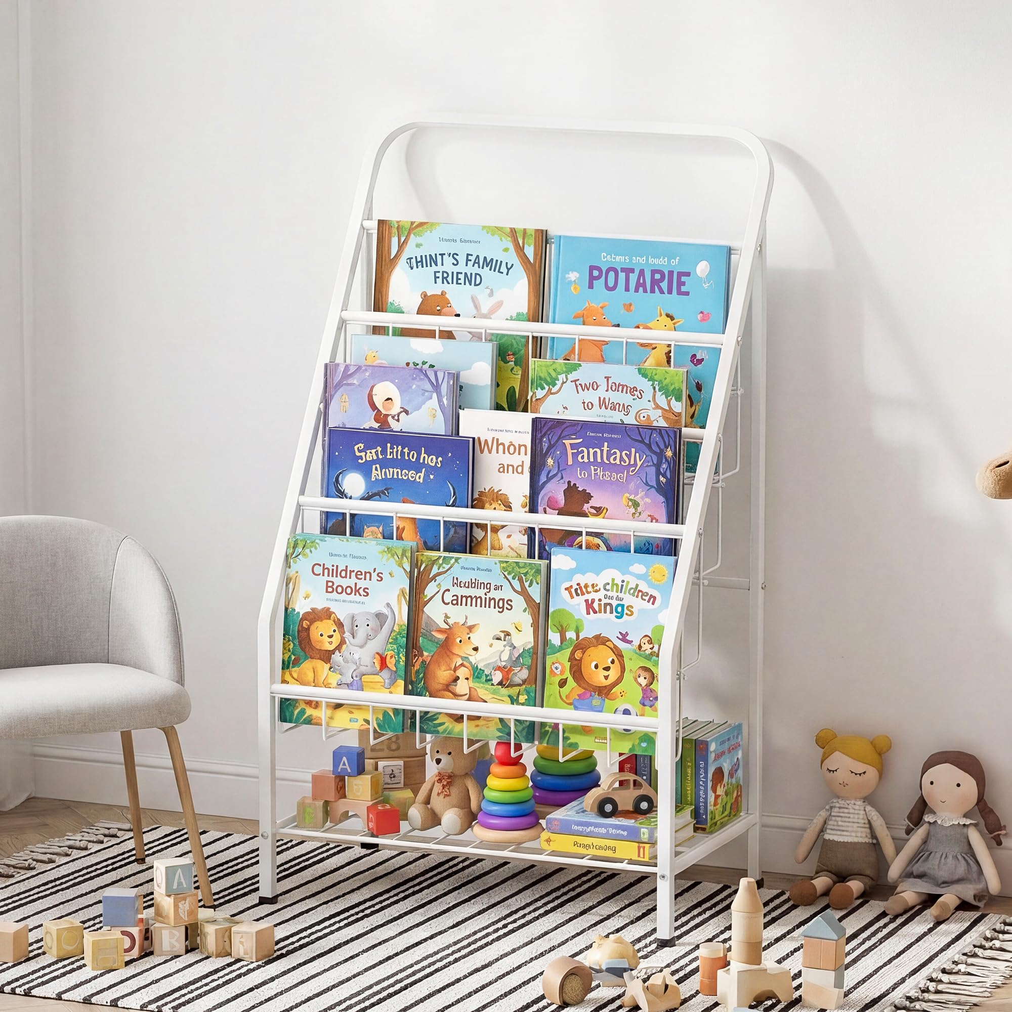 Photo 1 of ***MISSING PARTS***
JAQ White Kids Bookshelf, 4-Tier Metal Book Display Rack for Small Spaces, Modern Toddler Bookshelf for Nursery & Playroom, Space-Saving Forward Facing Child Bookcase (28.35" Height, White)