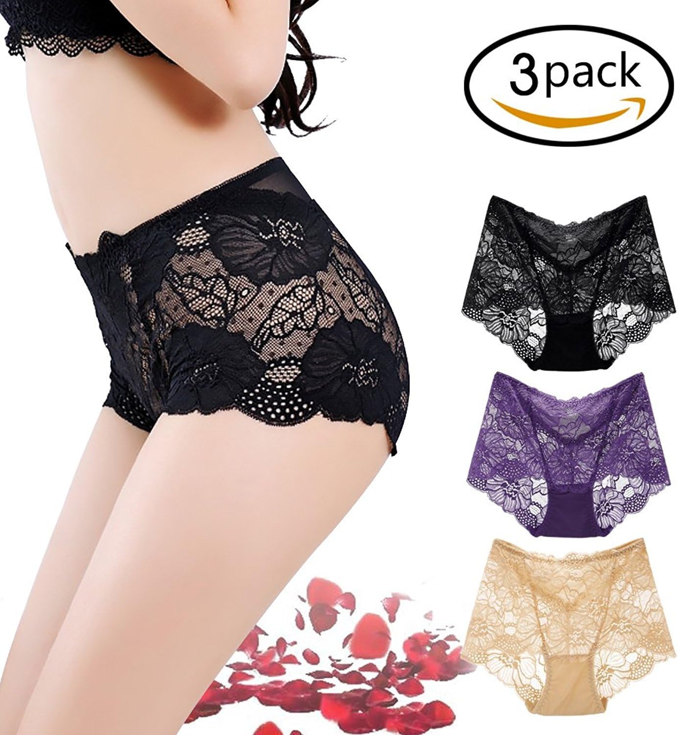 Women's Sexy Lace Panties Intimate Lingerie 3 Pack Briefs Sheer Mid Waist Underwear (XL)