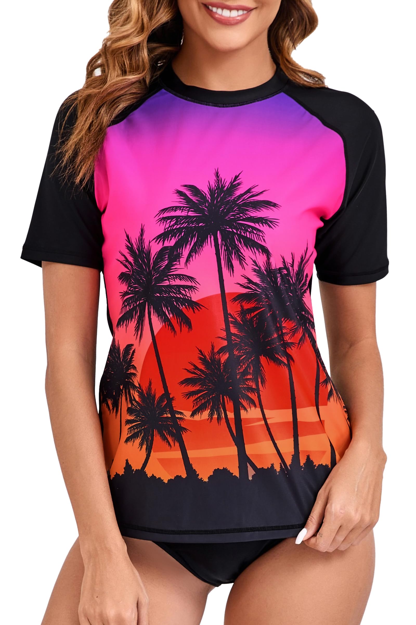 Photo 1 of *medium* Halcurt Women's Short Sleeve Rash Guard Swimsuit Top Swim Shirt Only Swim Tee UPF50+ Quick Dry Swimsuit Black Pink Sunset M