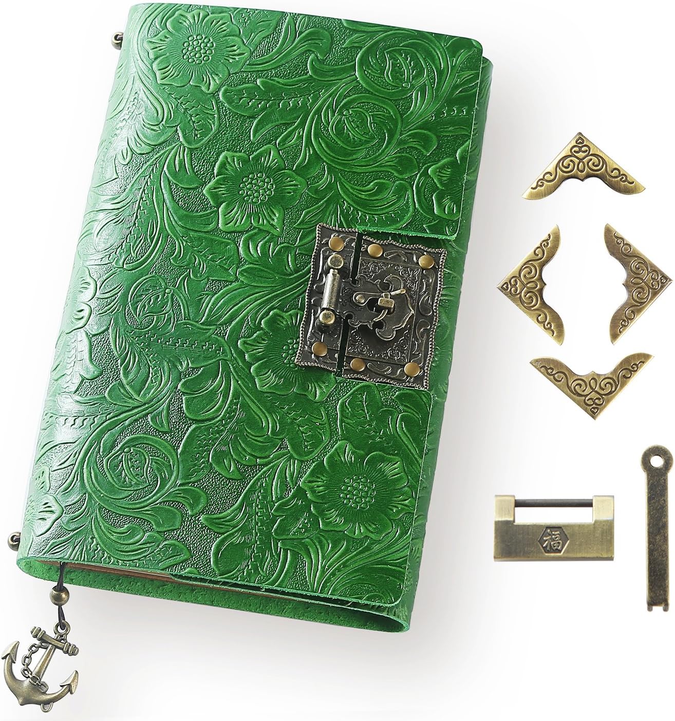 ScrodCat Leather Journal Writing Notebook - Antique Handmade Leather Bound Daily Notepad for Men & Women - Blank Paper Medium 19x14cm Travel Diary &Lock Book (R-Green-Flower)