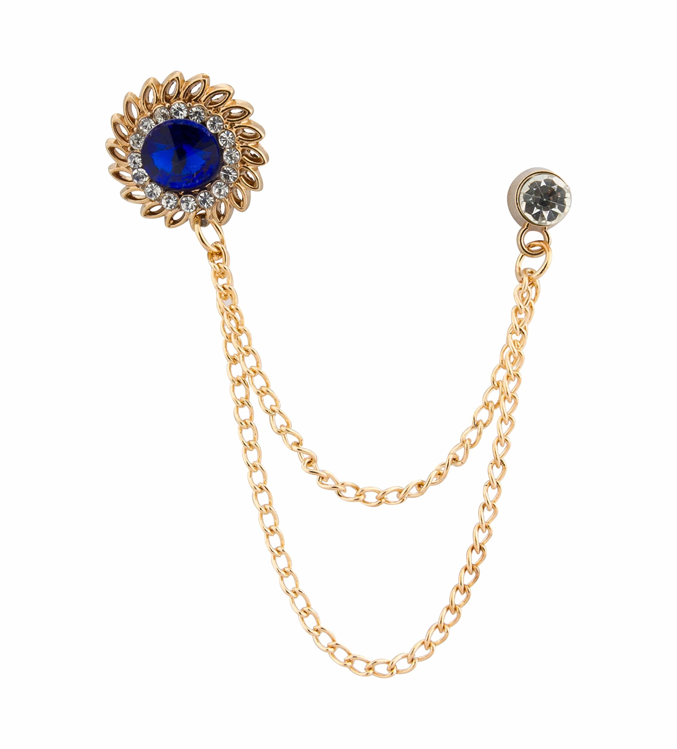 Brooch Lapel Pin for Men Royal Blue Stone with Inspired Stone Detailing Hanging Chain Lapel Pin Golden Badge Coat Suit Wedding Gift Party Shirt Collar Accessories