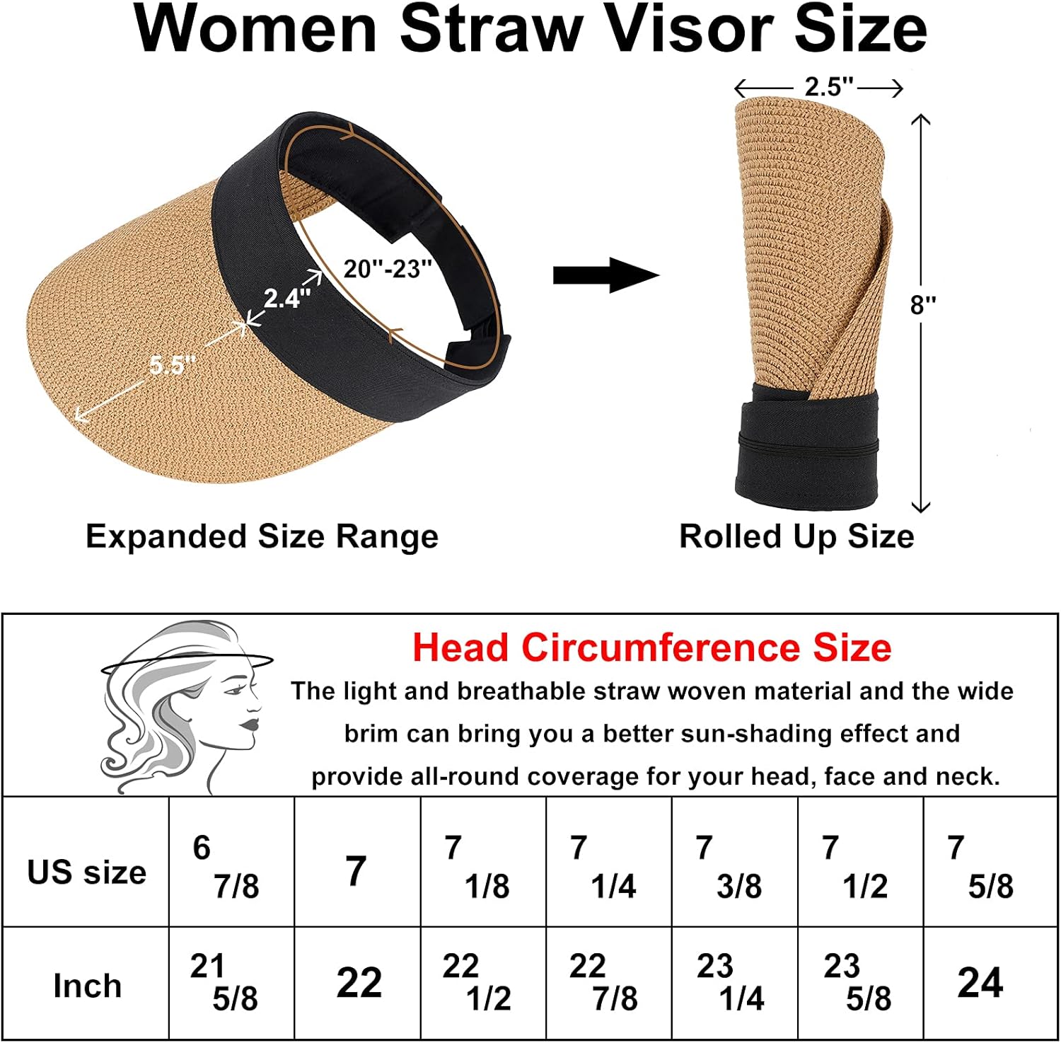Women Visor Hats Wide Brim Straw Sun Caps Foldable Summer UV Protection Beach Hat Adjustable Roll-Up Golf Sports Cap Khaki: Clothing