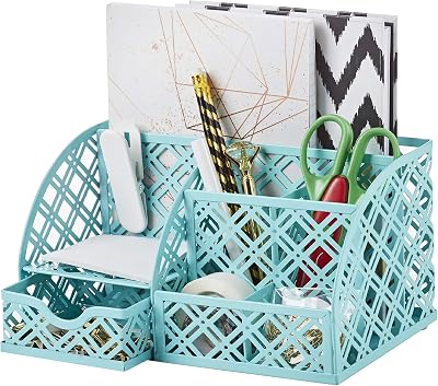 EXERZ Desk Organiser Turquoise 7 Compartment Mesh Caddy with Drawer