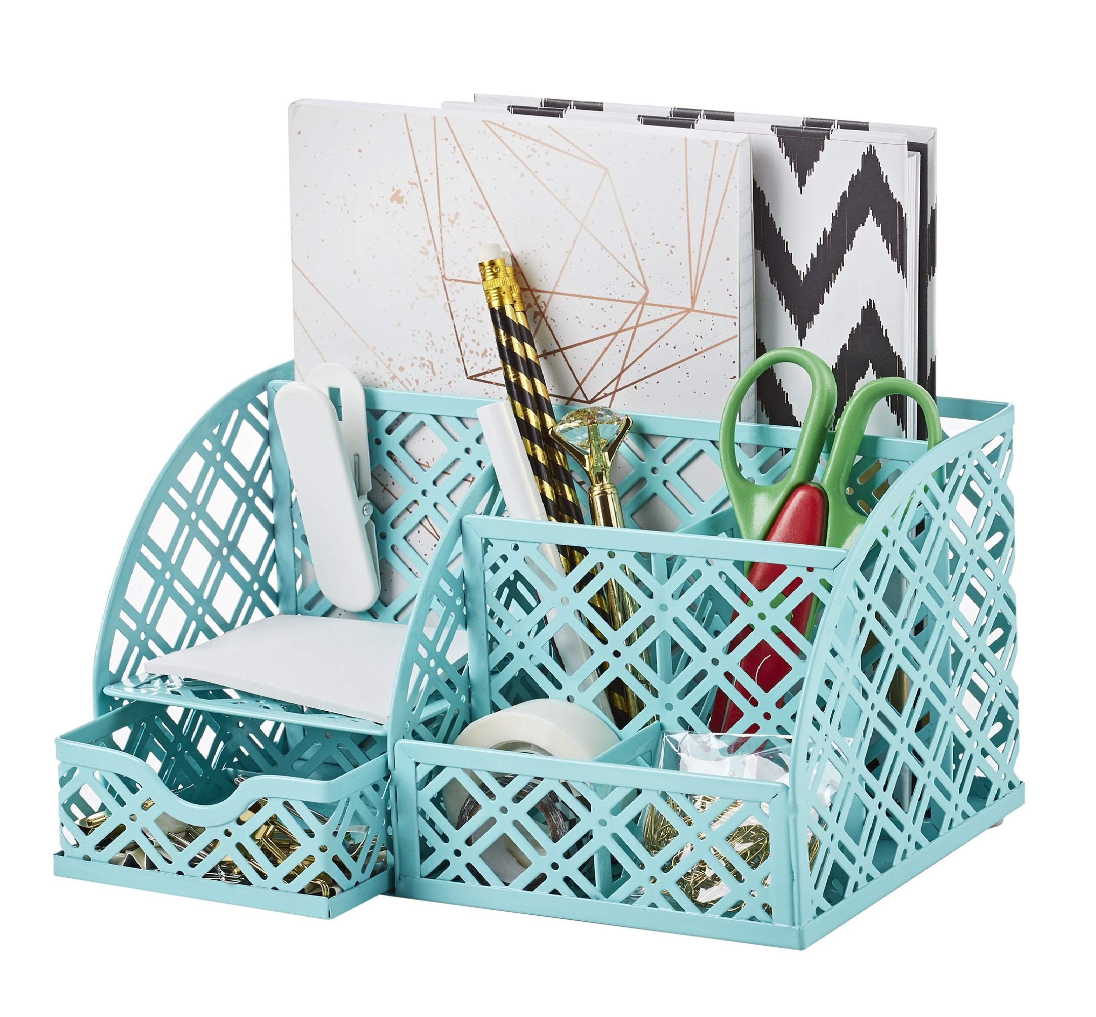EXERZ Desk Organiser/Mesh Desk Tidy Caddy/Pen Holder/Multifunctional Organiser with 7 Compartments (Turquoise)