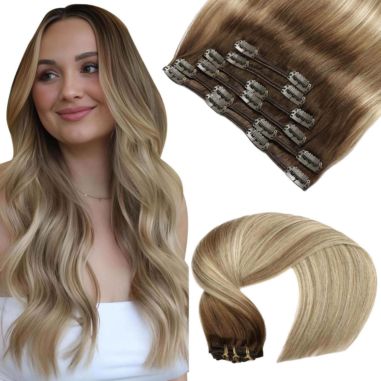 VINBAO Clip in Hair Extensions Real Human Hair 18 Inch Dark Brown To Ash Brown Medium Blonde Clip in Human Hair Extensions Natural Hair Extension Straight 120g 6pcs (#C3/8/22, 18'') โ image 1
