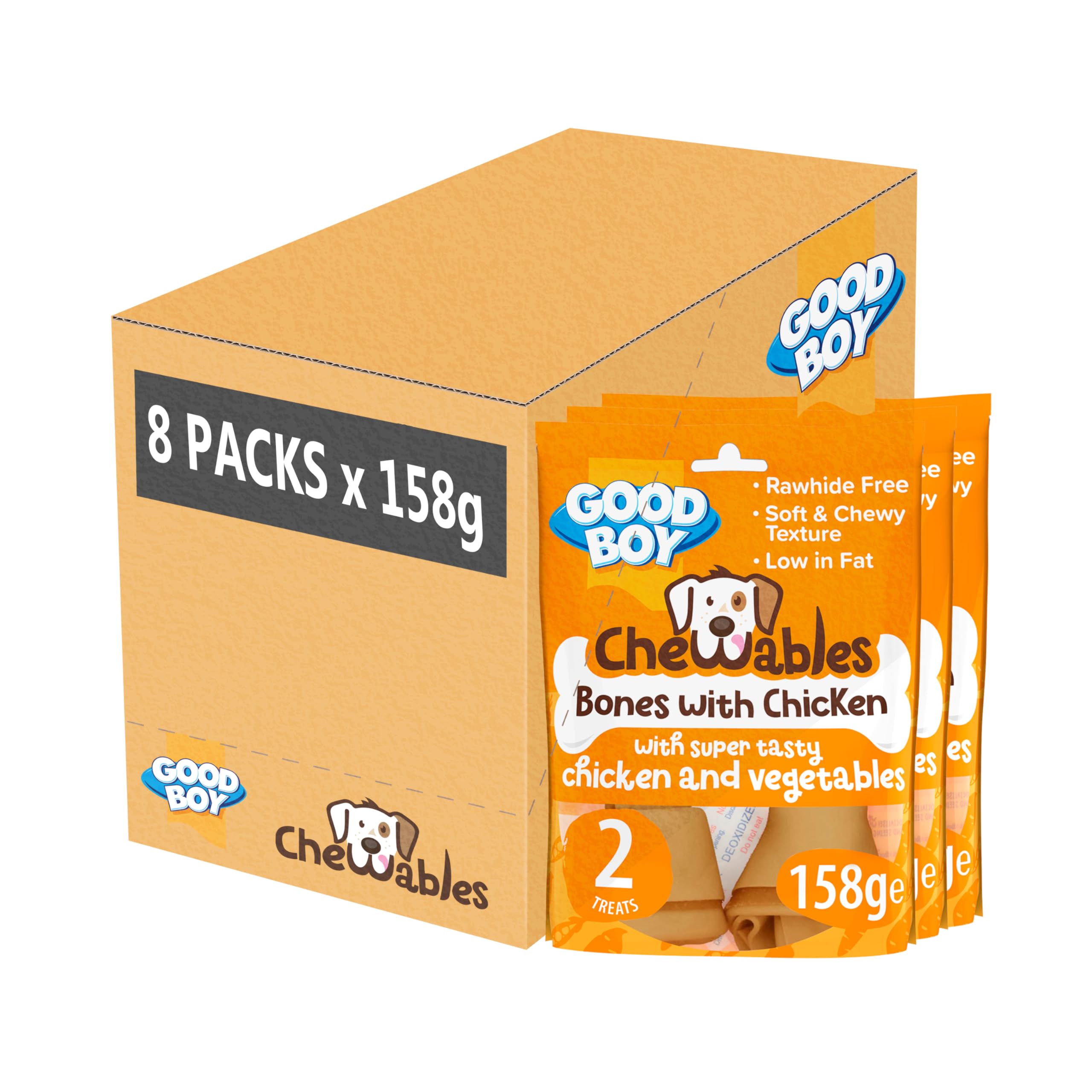 Good Boy Chewables Chicken Medium Bones- Natural Dog Treats - Low Fat & Rawhide Free - Bulk Box - 8 x 158g