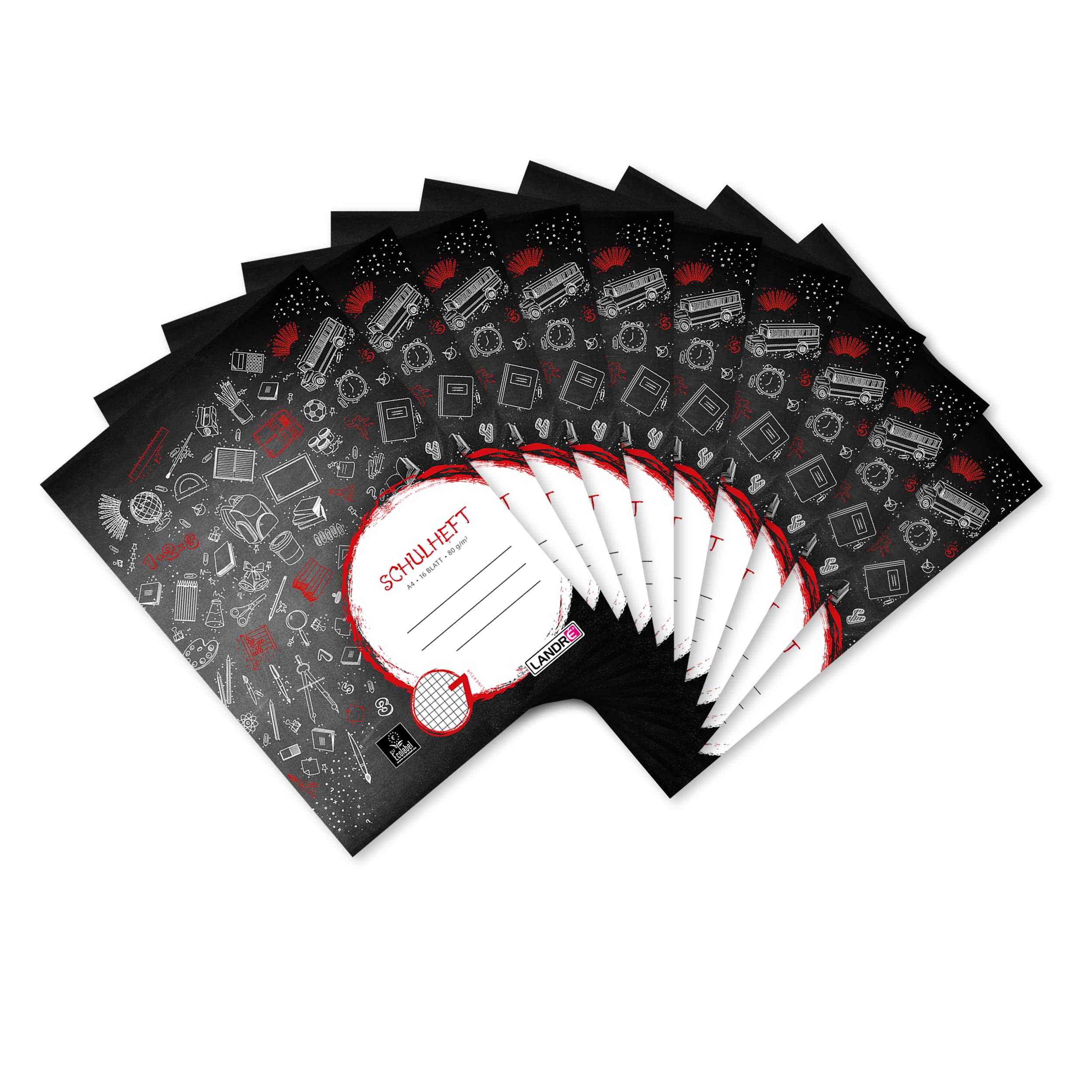 Landre 100050033 School Notepad A4 (16 Sheets of 80 g/m² Fine, Wood-Free Writing Paper with Type 7 Ruling - 7 mm Squared) Pack of 10 in 3 Assorted Designs