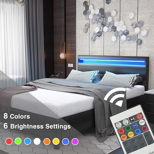 Amazon Com Mecor Full Size Led Bed Frame 8 Color Changing Led Lights In Headboard Modern Upholstered Faux Leather Platform Bed No Box Spring Needed Black Full Kitchen Dining