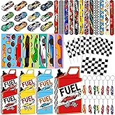 Yiaoyinnz 72Pcs Race Car Party Favors Racing Car Birthday Party Supplies Race Car Fuel Can Treat Boxes Key Chains Slap Bracelets Black White Checkered Flag DIY Sticker for Birthday Decorations