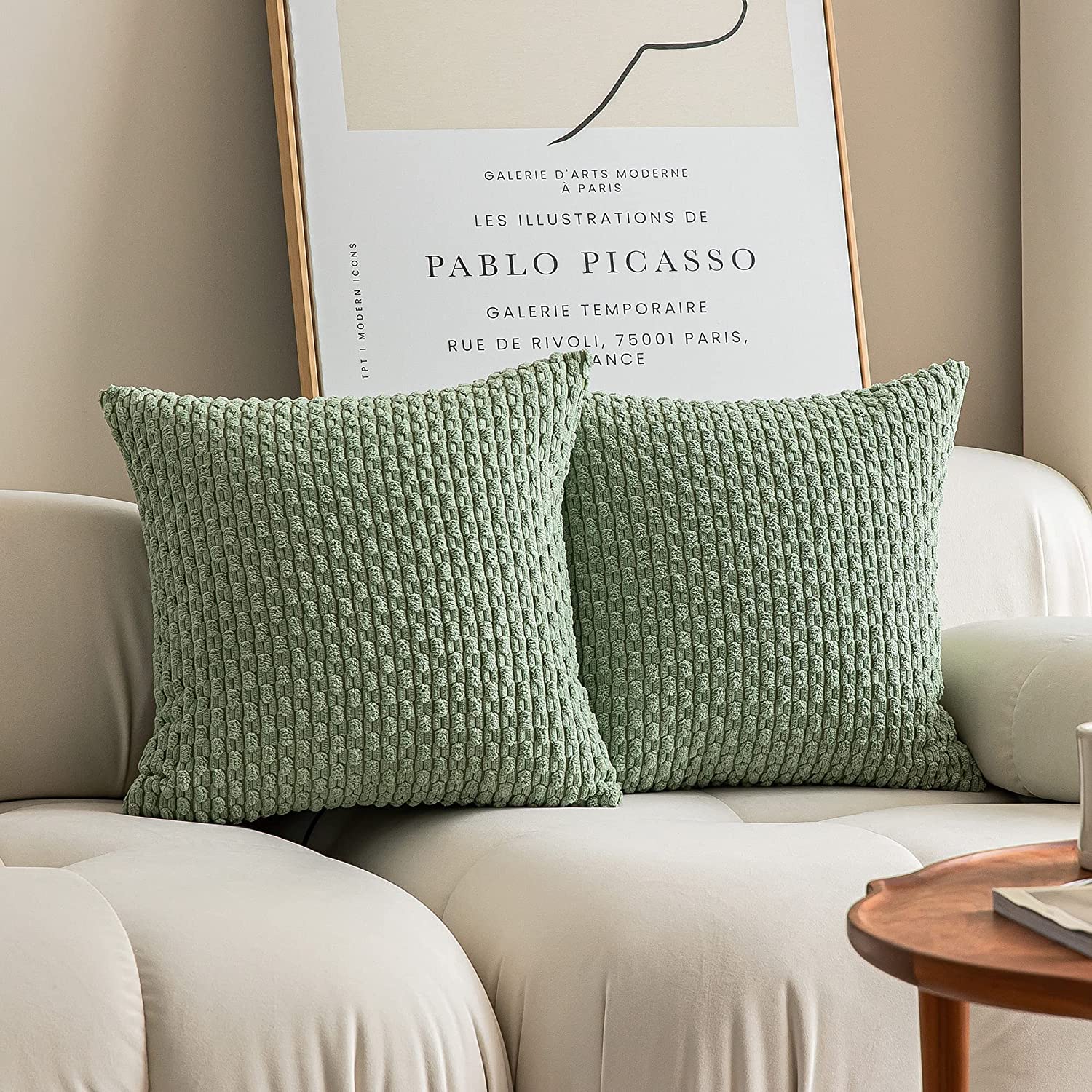 Photo 1 of Kevin Textile 2 Packs Decorative Throw Pillow Covers 16x16 Inch for Living Room Couch Bed Sofa Spring Soft Striped Corduroy Square Cushion Case 40x40 cm Farmhouse Boho Home Decor Sage Green