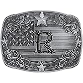 Flipslo Western Belt Buckle for Men Women, Initial Letter ABCDJRM to Z Silver Cowboy Belt Buckles American Flag Accessories