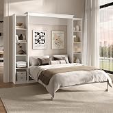 Rophefx Queen Murphy Bed Cabinet with 5-Tier Shelves, Wood Wall Bed, White | Foldable queen wall bed with five adjustable storage shelves saves floor space while adding practical storage to guest rooms