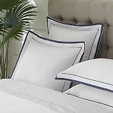 White Euro Pillow Shams 26x26 Set of 2, 400TC 100% Cotton with Navy Trim | Navy Embroidery, Oxford-Style Flange, Naturally Draping Edge, Tailored Coastal Classic
