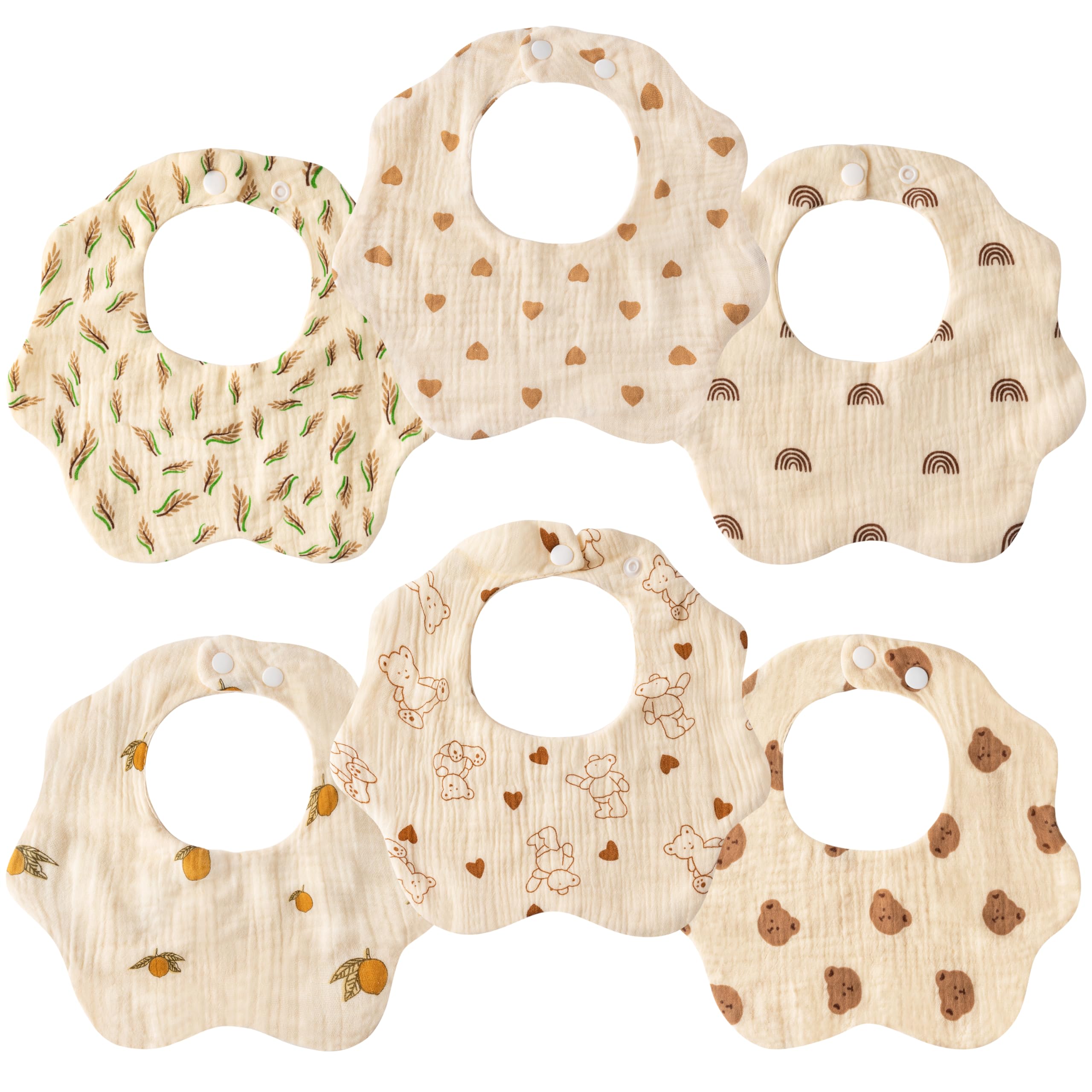 WATINC 6Pcs Muslin Baby Drooling Bibs Adjustable Cotton Bib for Girls Boys Teething Feeding Irregular Petal Bib for Newborn Bandana Drool Cloth Soft Absorbent Unisex Baby Shower (Heart Shaped)