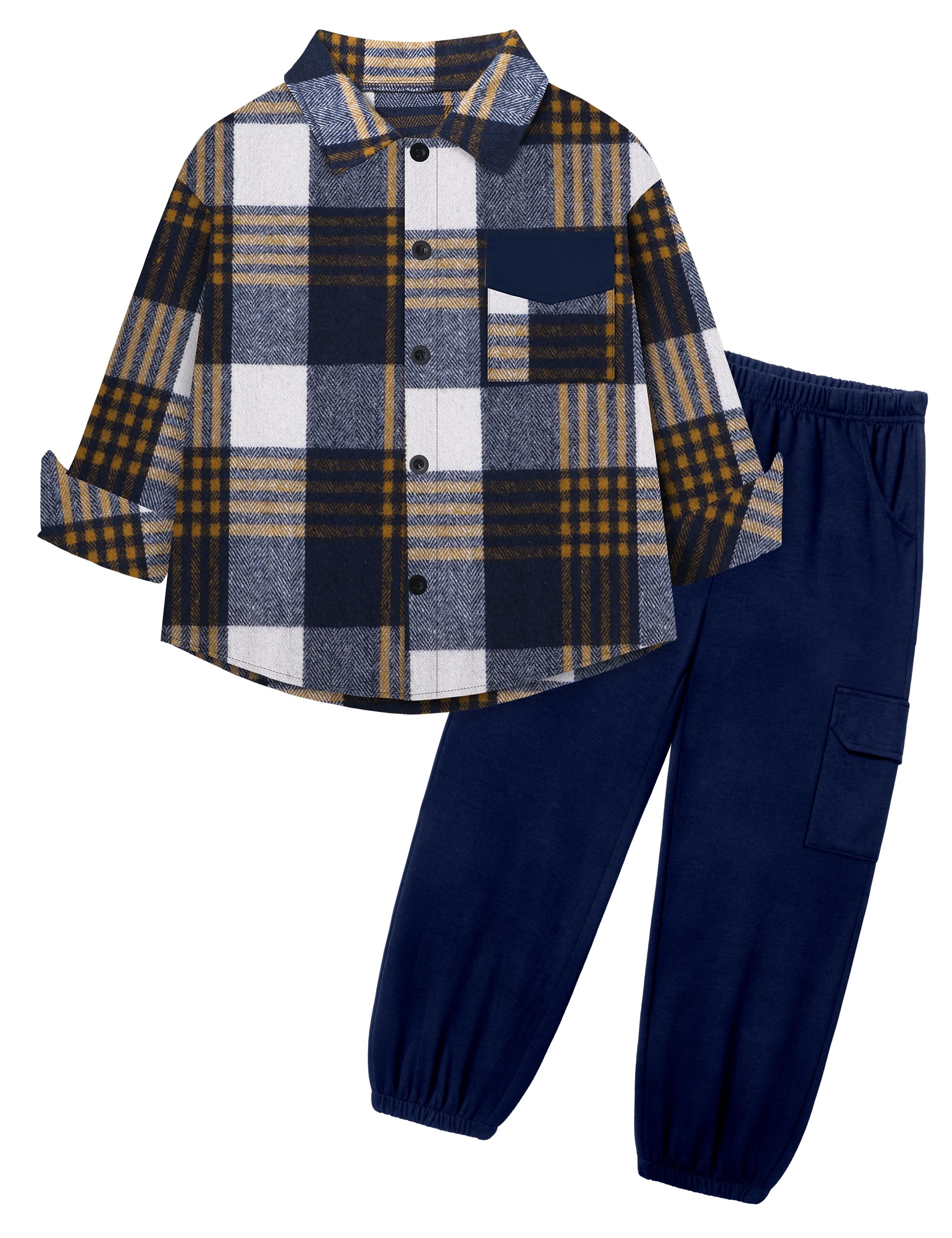 Photo 1 of ****************Missing top***************
Boys Clothes Size 6 Size 7 Boy Clothes 2 Piece Long Sleeve Front Pocket Colorblock Plaid Shirt Cargo Pants Outfits for Boys Sweatsuit Set Navy Blue 6-7Y