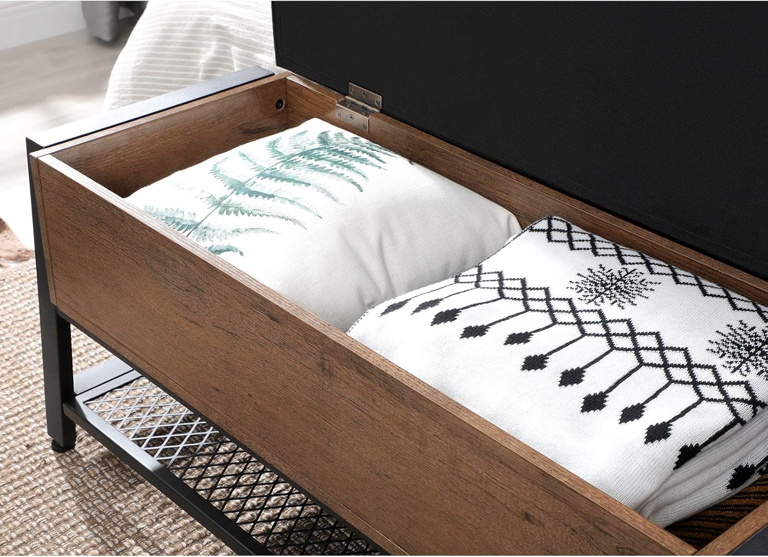 VASAGLE Industrial Storage Bench, Shoe Bench, Bed End Stool with Padded Seat and Metal Shelf, Storage Chest, Sturdy Steel Frame, Hallway, Living Room, Hazelnut Brown and Black ULSB047B03: Kitchen & Dining