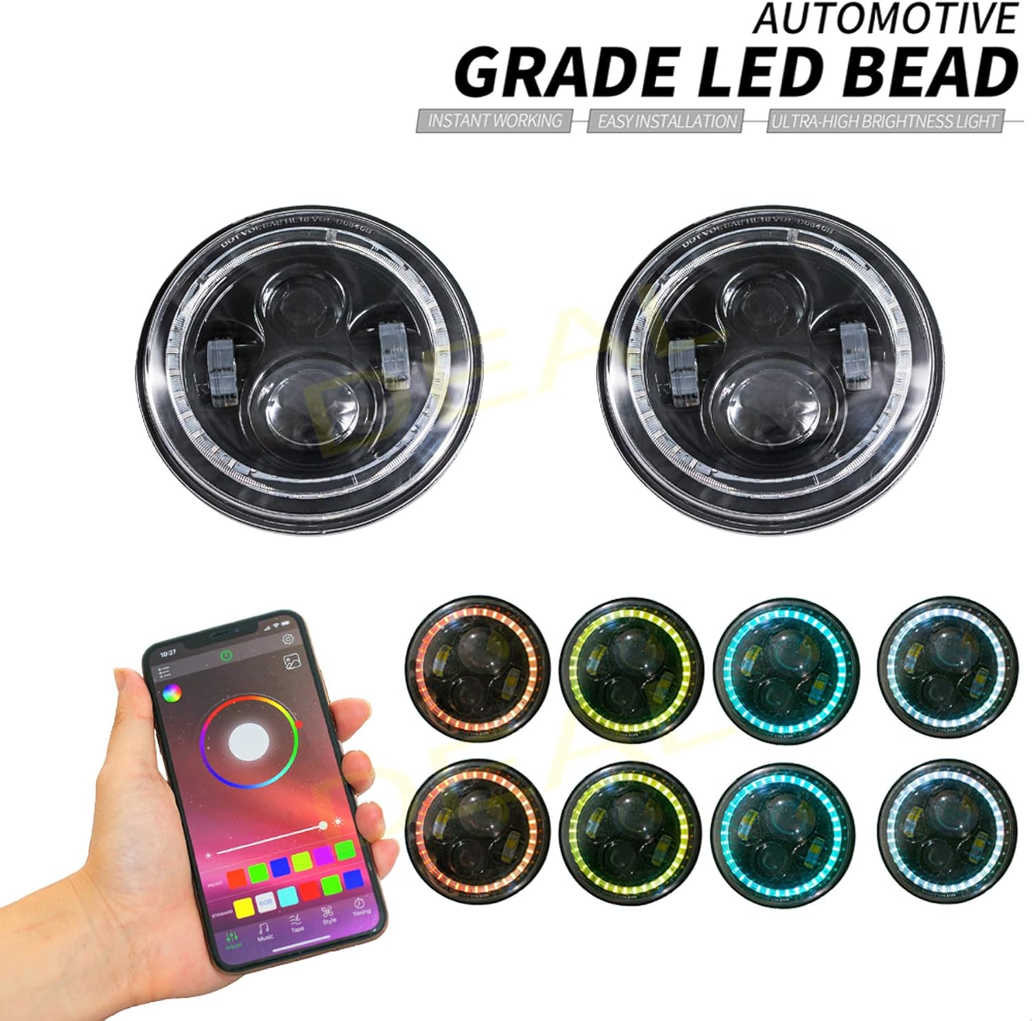 DEAL 2x 7" 60W Bluetooth Controlled Round RGB Halo Ring LED Headlights Fit For Any Models With 6012/6014 / 6015 / H6017 / H6024 Round Sealed Beam Headlights