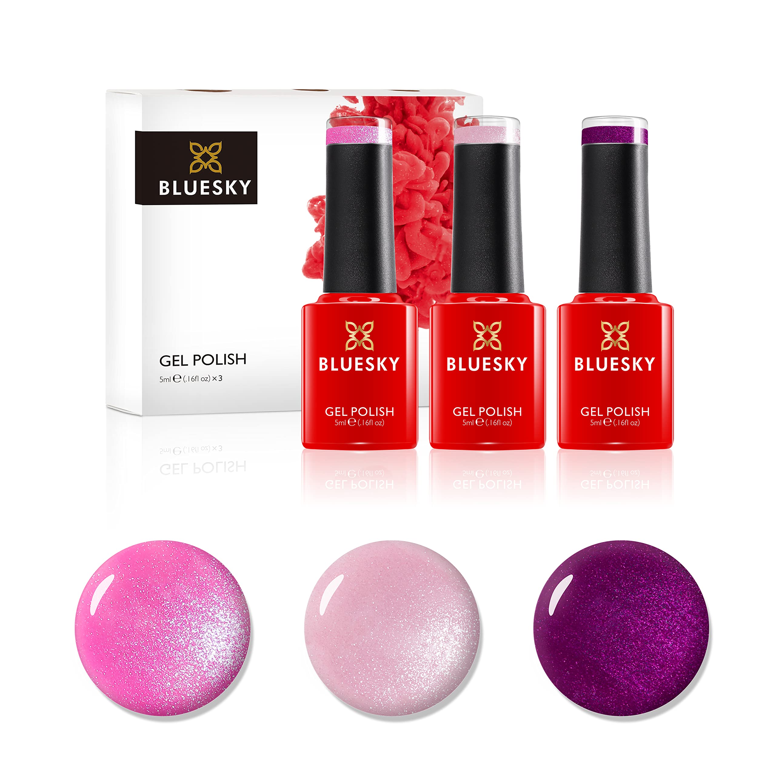 Bluesky Gel Nail Polish Set, Pink Powder, Tango Passion 80580, Grapefruit Sparkle 80546, Honeysuckle Sj16, 3 x 5 ml, Glitter, Shimmer, Pink, Purple (Requires Curing Under UV or LED Lamp)