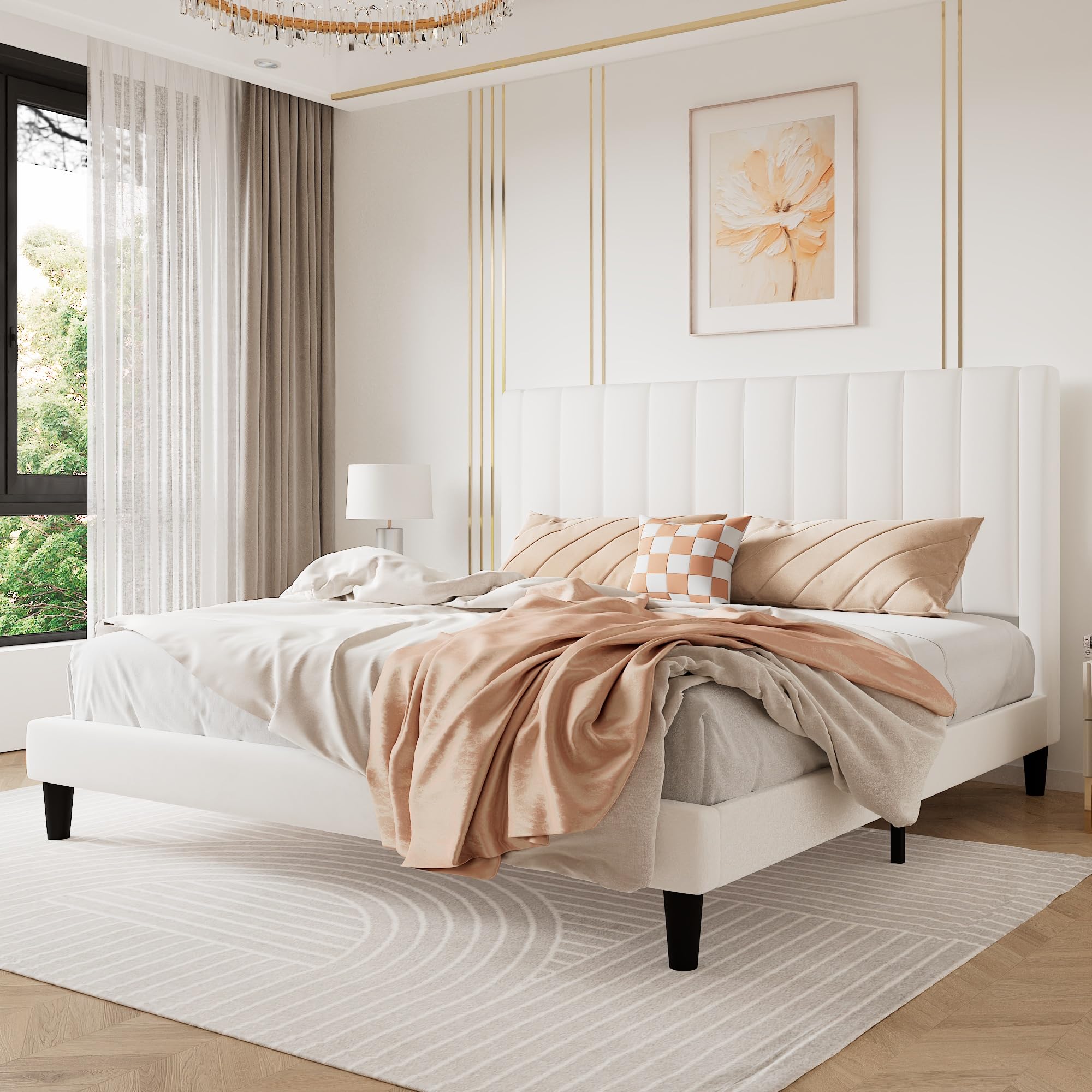 SHA CERLIN King Bed Frame/Velvet Upholstered Platform Bed Frame with Headboard/Strong Wood Slats Support/Mattress Foundation/No Box Spring Needed/Easy Assembly/White Image