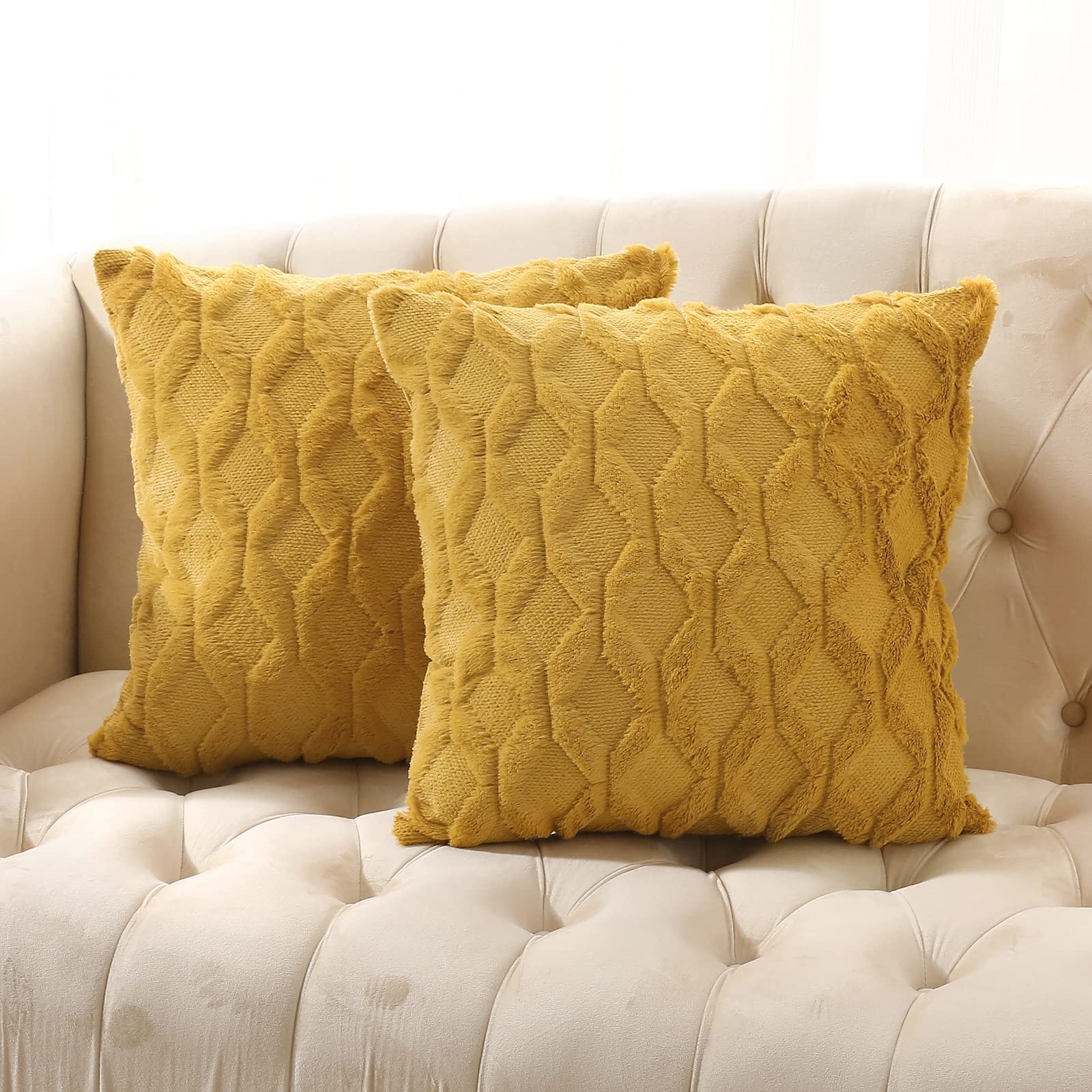 Volcanics Pack of 2 Faux Wool Throw Pillow Covers 20x20 Inches Decorative Farmhouse Velvet Couch Pillow Case Soft Plush Square Boho Cushion Pillowcase, Yellow — image 1